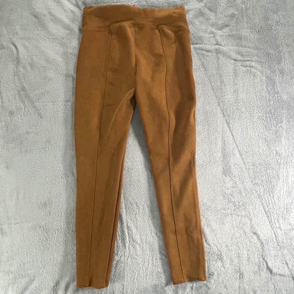 SPANX Faux Suede Ponte Leggings High Waist Size L Camel Sculpting Pull On